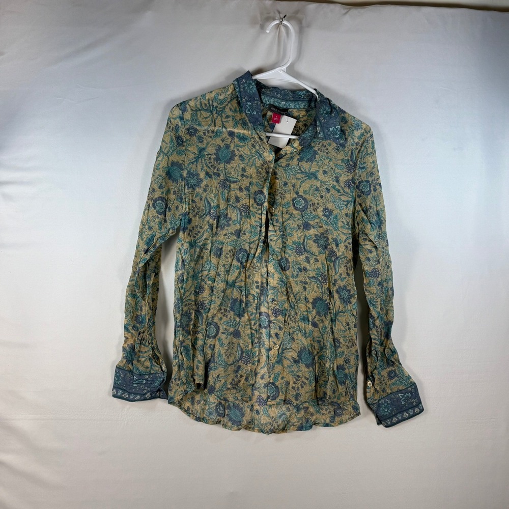 Vince Camuto Womens Small Floral Paisley Button Down Blouse Blue Tan Sheer Top